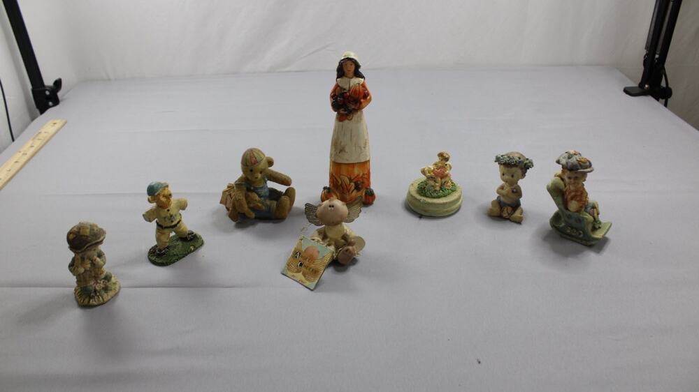 Assorted Figurines Harvest Pilgrim Woman Teddy Bears Children Angel 2 to 7 in